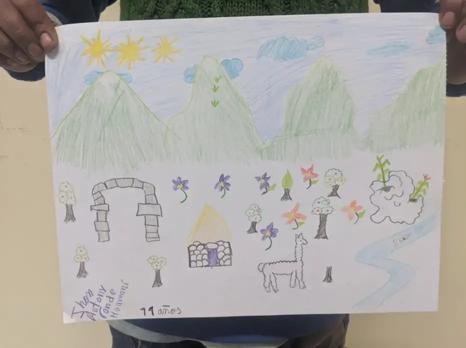 Dan Schwartz (University of Missouri) shared images of student artwork during his presentation. He asked students from Peru to draw their individual interpretations of climate change. Image by Dan Schwartz. Peru, 2019.