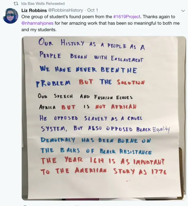 Image of a tweet from an educator that reflects a found poem created by students using text from The 1619 Project.