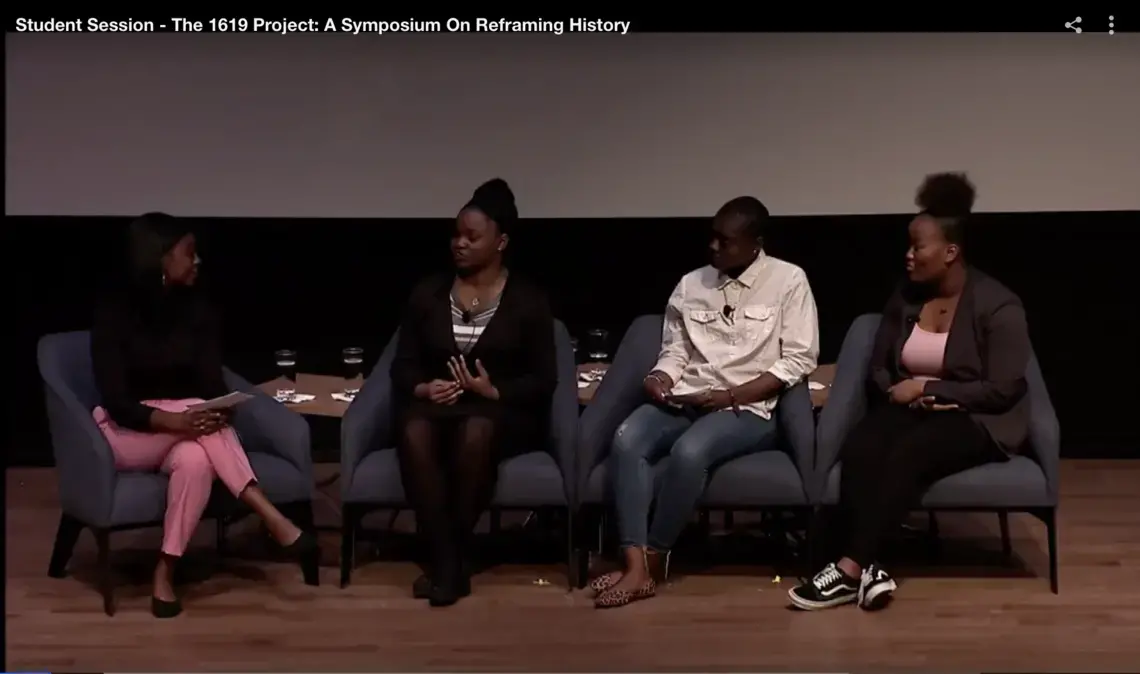 Screenshot of New York Times&nbsp;Associate Editor Jazmine Hughes interviews students as part of a panel at the National Museum of African American History and Culture on October 30, 2019