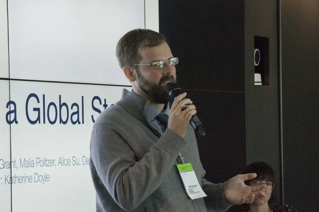 GroundTruth co-founder and executive editor Kevin Grant on 'How to Pitch a Global Story.' Image by Jin Ding. Washington, DC, 2017.