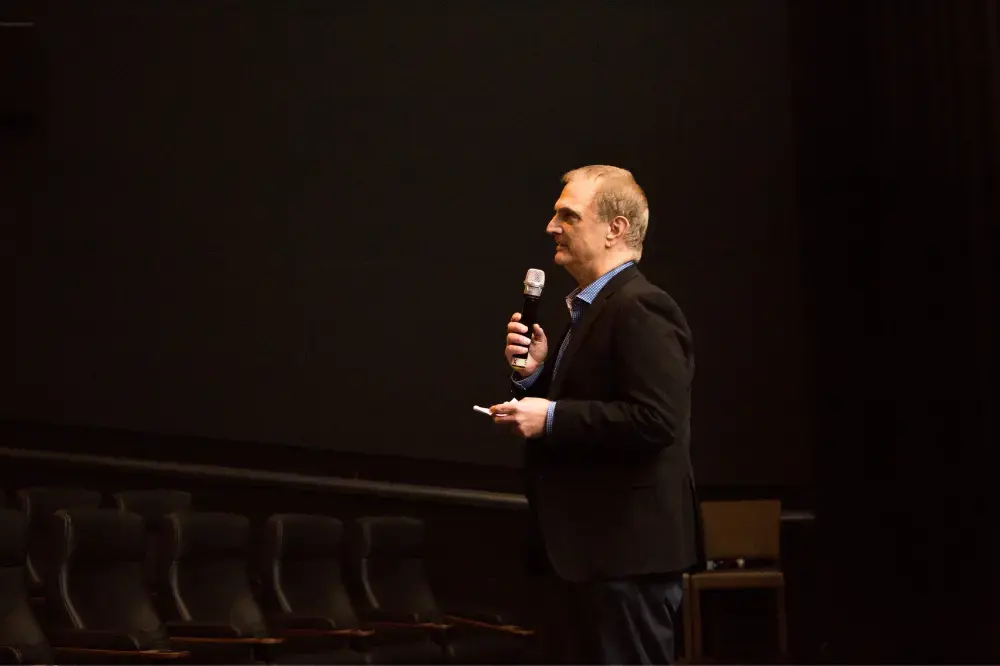 'This film is a cautionary tale,' says Executive Producer Don Thompson before the screening. Image by Matt Francisco. United States, 2019.