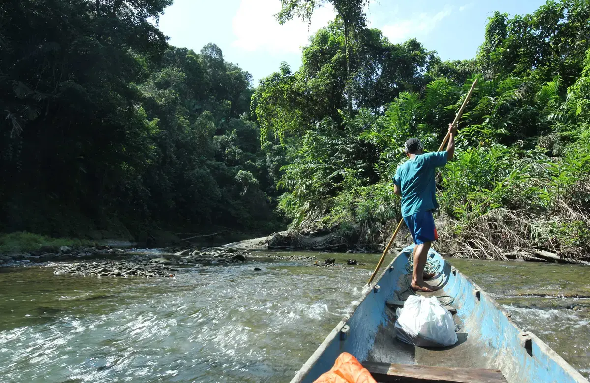 Người đàn ông điều hướng con thuyền của mình qua một con sông ở Tây Sumatra.