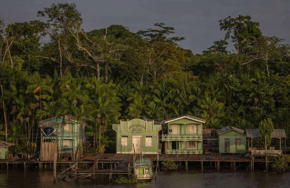 a row of houses built on a pier in a body of water with lots of trees and greenery in the background