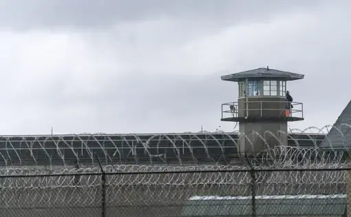 An armed guard surveys the grounds from the railing of a prison watchtower. Image by RealWindowCreative/shutterstock. Undated.