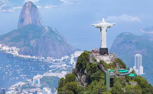 Aerial view of Rio de Janeiro with Christ Redeemer and Corcovado Mountain in the foreground. Image by Dmitry Islentev / Shutterstock. Brazil, undated.