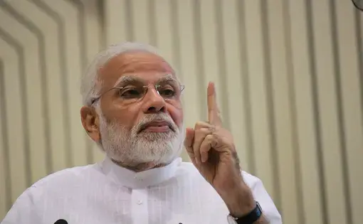 Prime Minister Narendra Modi addresses the Y4D Foundation New India Conclave at Vigyan Bhavan in New Delhi. Image by Shutterstock. India, 2018.