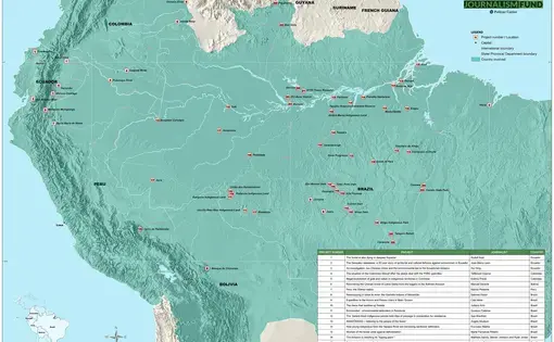 This map, designed by cartographer Marcos Brito, depicts all Rainforest Journalism Fund projects reported since the initiative's launch in 2018. Image by Jan Rocha. Brazil, 2019. 