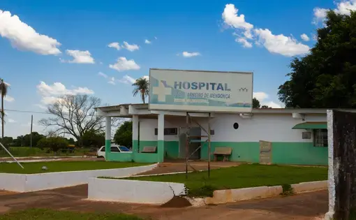 View of the facade of the Municipal Hospital of Bandeirantes, Hospital João Carneiro de Mendonça, in Mato Grosso, Brazil. Image by Dasayev Diogo/Shutterstock. Brazil, 2020.