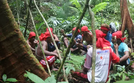 Sabuai community members gather in a circle and perform the traditional Sasi Pohon ritual in the Sabuai State Forest.