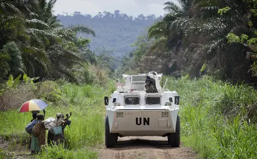 Residents in Beni region greet peacekeepers passing by in a MONUSCO armored personnel carrier.
