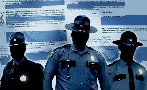Blue, black, and white illustration of the silhouettes of three police officers standing next to each other. The background is a collage of redacted documents.