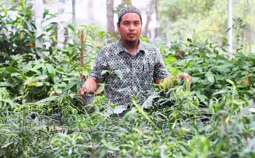 Koordinator Program Reboisasi Klinik Asri Hendriadi menunjukkan bibit pohon dari para pasien.