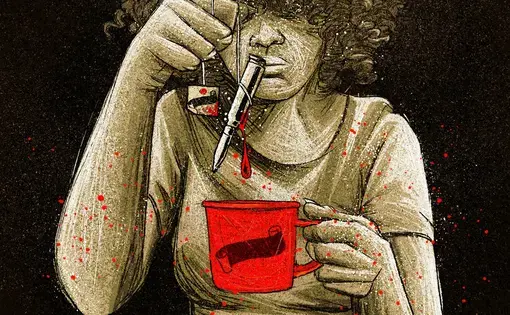 ilustração de mulher mergulhando uma bala em uma xícara de café