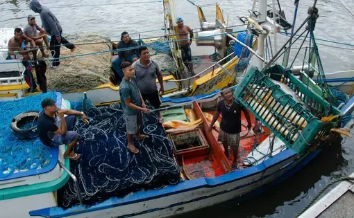 Four to five people are carrying fish nets on a boat.