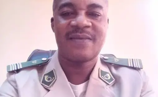 A person wears a tan brown uniform with badges.