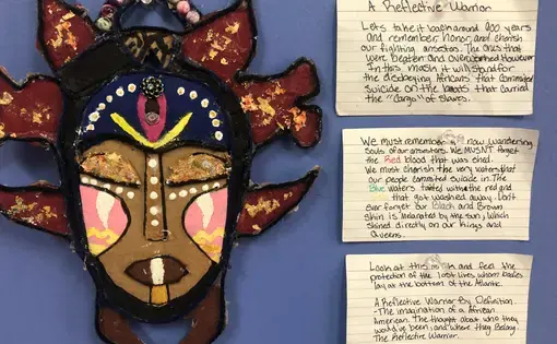 Example of a student's memorial to enslaved people: a mask celebrating strength, resilience, and West African culture.