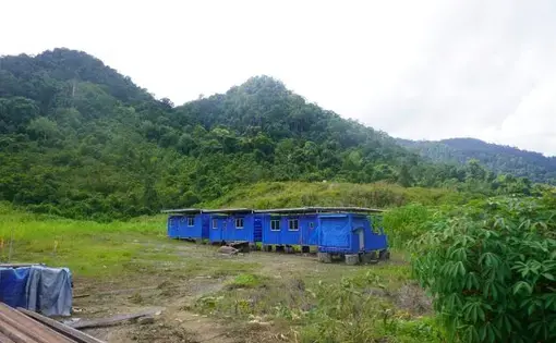 A series of blue cabins are surrounded by trees.