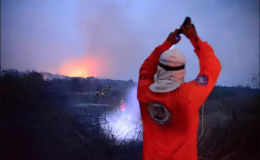 A firefighter wears a red uniform and is carrying a flashlight. In the foreground, there is another firefighter and a wildfire going on.