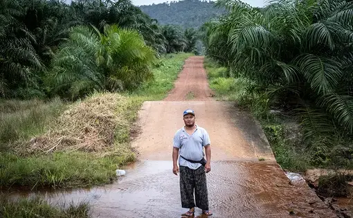 A person stands in front of a mud path.