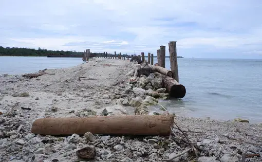 A ground view of a coastal pier and its eroded wood platform by the beach.