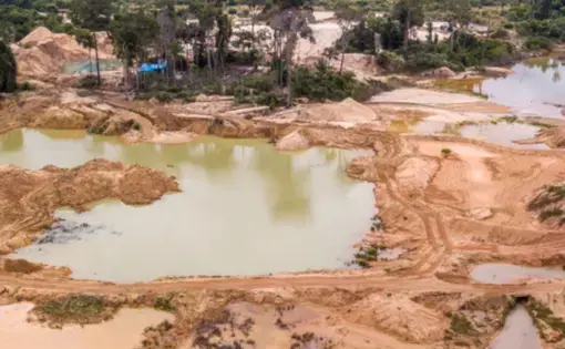 An aerial overview of a deforested area contaminated with mercury in Brazil.