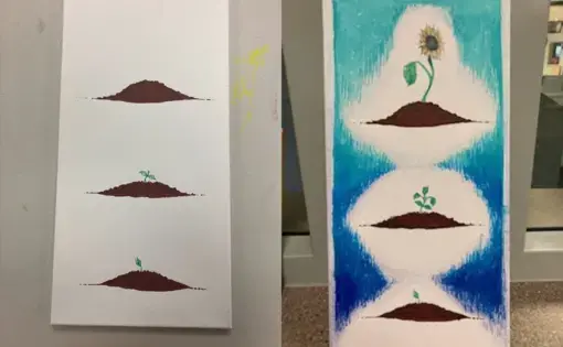 Photos of a painting-in-progress, juxtaposed with the finished painting. The painting-in-progress shows small dirt mounds with a green stem sprouting up on a white background. The finished painting shows small dirt mounds with sunflowers sprouting up against a vivid blue background.