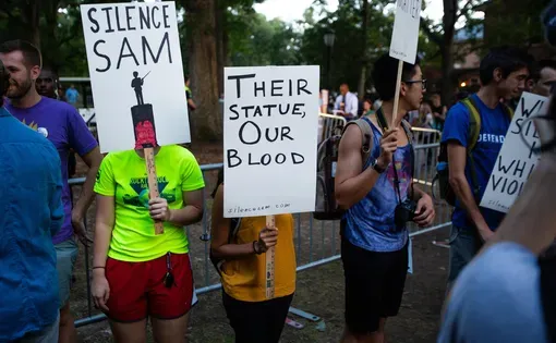 Demonstrators at UNC-Chapel Hill protest the Silent Sam statue in August 2018.