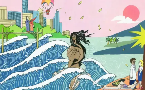 An illustration of a pregnant person standing among tidal waves