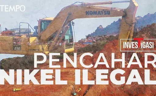 Youtube thumbnail reads "Pencahar Nikel Ilegal" with an image of heavy machinery uncovering orange earth.