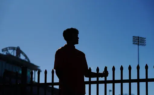 A silhouetted person holds onto a wrought iron fence