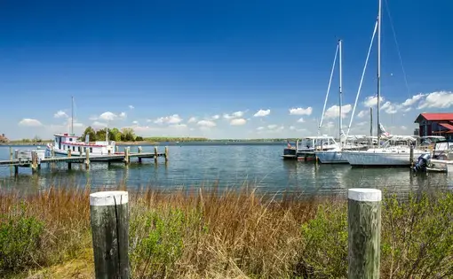 A Beautiful Spring Day View across the harbor at St. Michael's Chesapeake Bay Maritime Museum in Maryland.