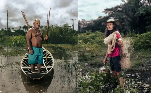 Two images. In the first, a man stands in blue swim trunks inside of a small wooden canoe. In the second, an elderly woman holds a fishing net as she stands in a marsh. Both are posing for their portraits.