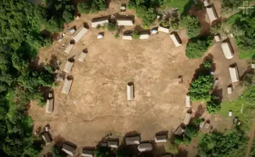 A drone shot of village with houses built in a circle.