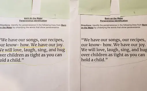 Photo of a student worksheet with the text "We will love, laugh, sing, and hug over children as tight as you can hold a child" circled
