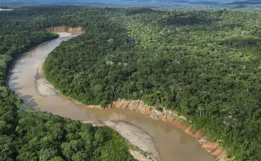 Bird's eye view of Tuichi River in the Amazon.