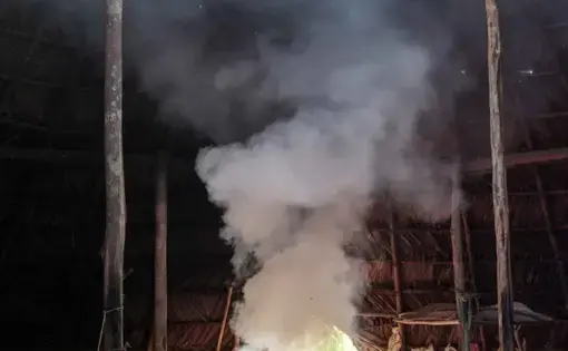 A woman walks in front of a backlit column of smoke inside a dome-shaped wooden structure.