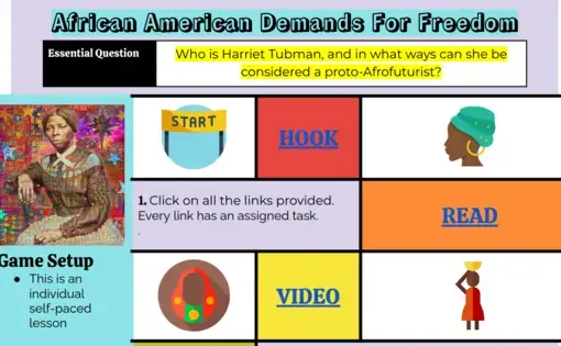 Screenshot of a worksheet from this lesson, which asks students to explore how Harriet Tubman can be understood as a proto-Afrofuturist.