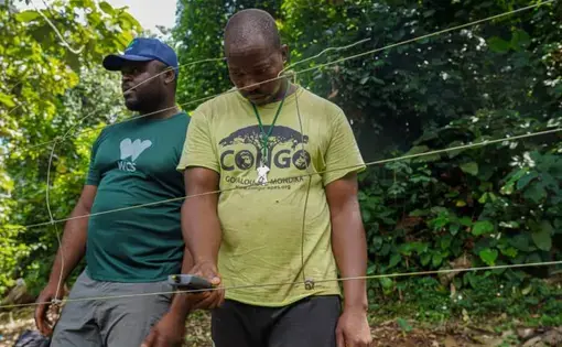 Two men stand behind a wire.