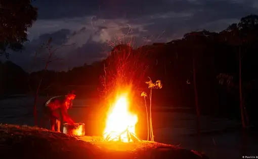 In the dead of night, a bright red fire burns under a tree.
