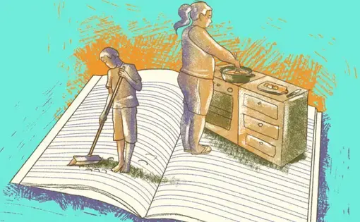 Illustration of children working atop a book
