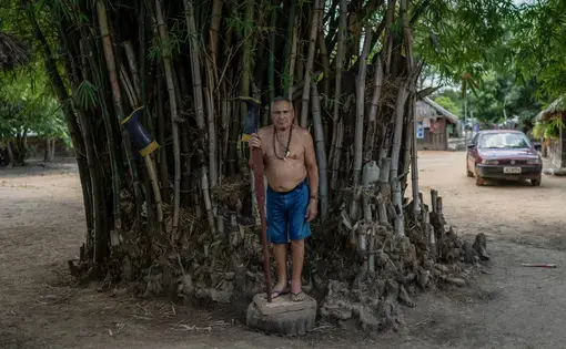 An indigenous man stands tall against bamboo trees.