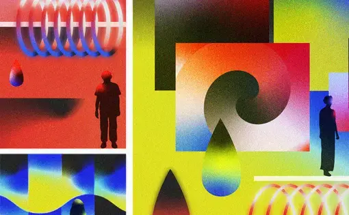 illustration of coils, rectangles with swirls, people's silhouettes, and drops in red, blue, and yellow