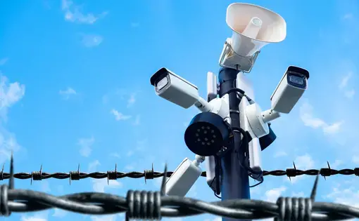 Security cameras on pole and barbed wire. Image by FOTOGRIN/Shutterstock.