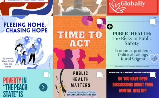A screenshot of over a dozen Instagram multicolored graphics of student projects highlighting global issues. Each square has a different headline and graphic about issues ranging from mental health and migration to climate change and women's equality.