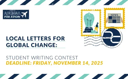 Envelope-style graphic reading Local Letters for Global Change, a student writing contest.