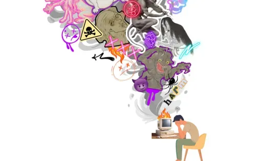A small figure sitting at a computer with his head in his hands. The top of his computer is in flames and above it a whirlwind of toxic content is spewing out. Demons, devils, skulls, death, violence, triple X, the words hate and harm bloom out from the computer and tower over him.