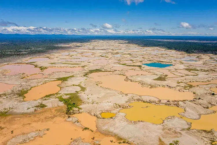 Illegal gold mining has transformed forested land into sand and ponds. Image by Brett Gundlock. Peru, 2019.