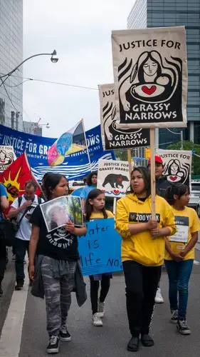 A group of Grassy Narrows girls, including Jenae Turtle (second from right), gather together as they march.&nbsp;Canada, 2019. Image by Shelby Gilson.