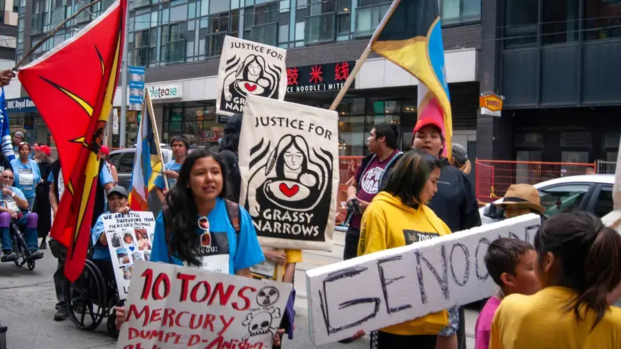 Grassy Narrows youth gather together at the front of the march as they wait for their elders and supporters to catch up.&nbsp;Canada, 2019. Image by Shelby Gilson.
