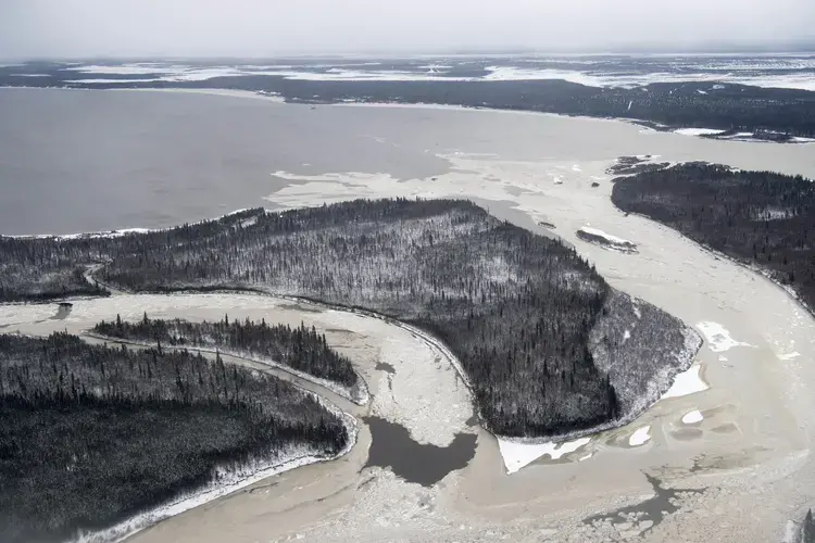 The waters from the Churchill River converge with the water from Lake Melville near Happy Valley-Goose Bay, Labrador on November 9, 2019. Image by&nbsp;Michael G. Seamans. Canada, 2019.